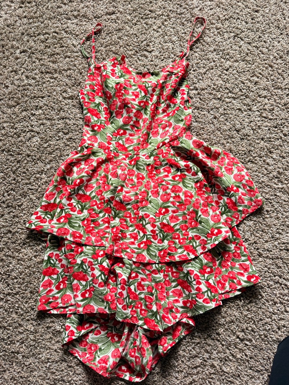 Floral Red & Green Ruffled Womens Romper